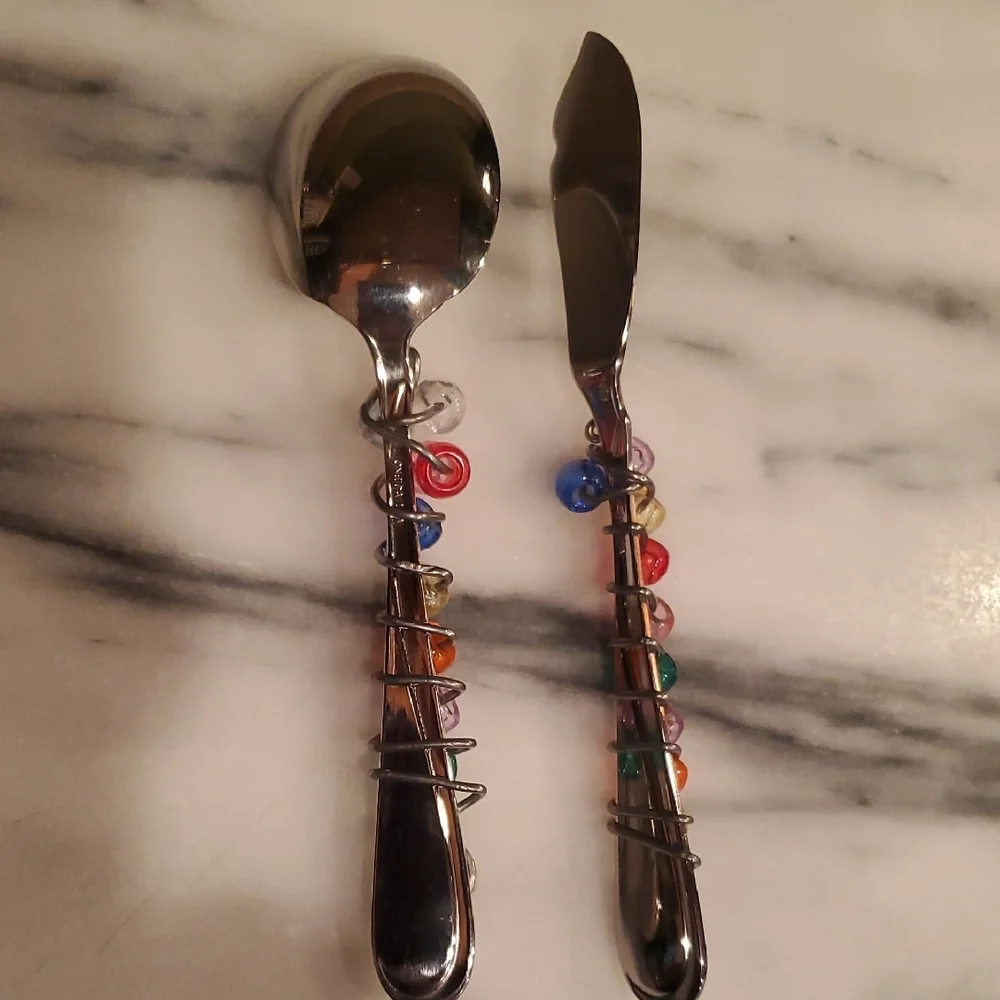 Colorful Beaded Oneida Spoon and Knife Set